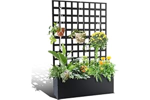 LALFPET Galvanized Metal Raised Garden Bed with Trellis Privacy Screen – Outdoor Planter Box with Wheels, Drainage Holes, Hor