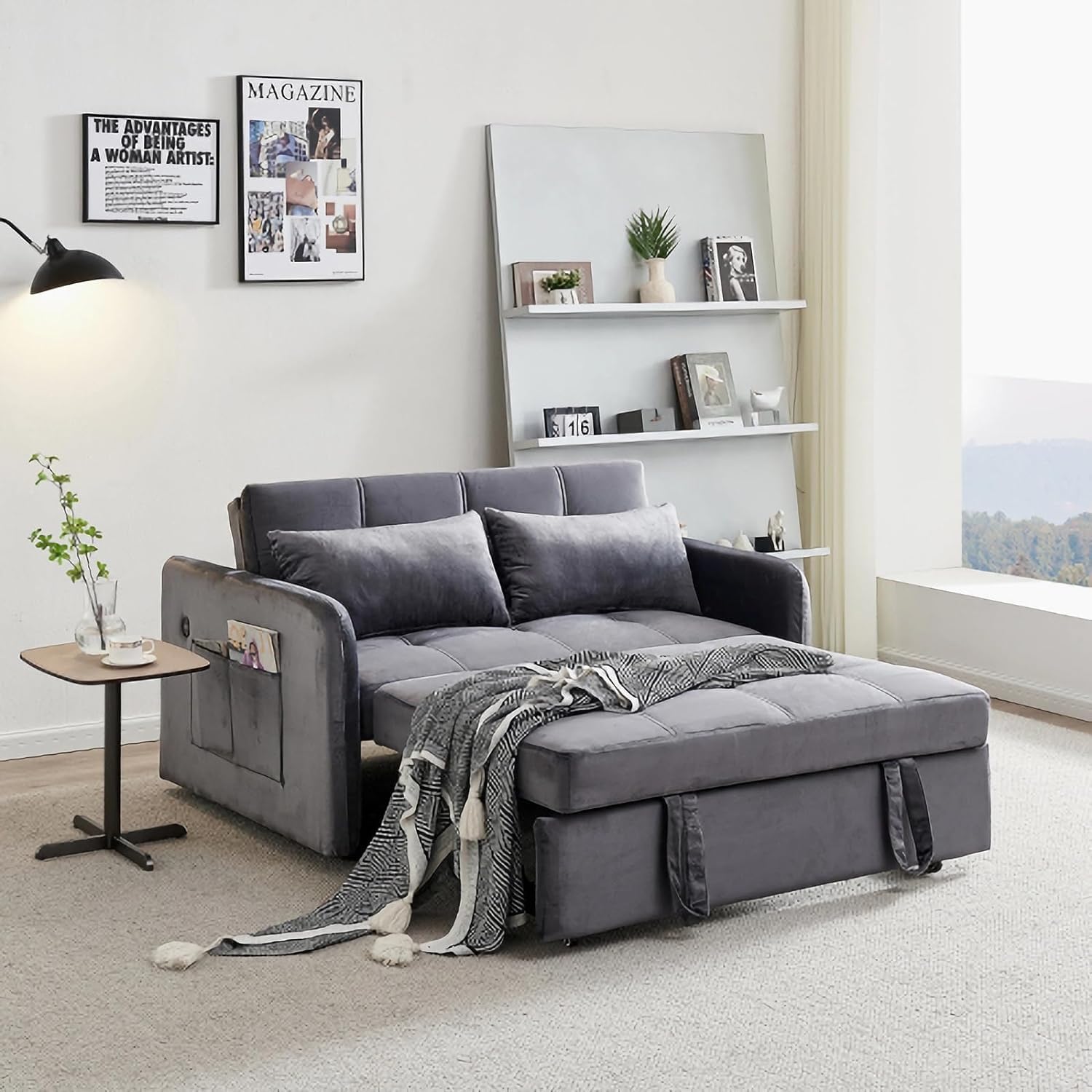 Sleeper Sofa, 3 in 1 Pull Out Sofa Bed, Comfortable Velvet Sofa Bed, 55.5"Pull Out Couch, Casual