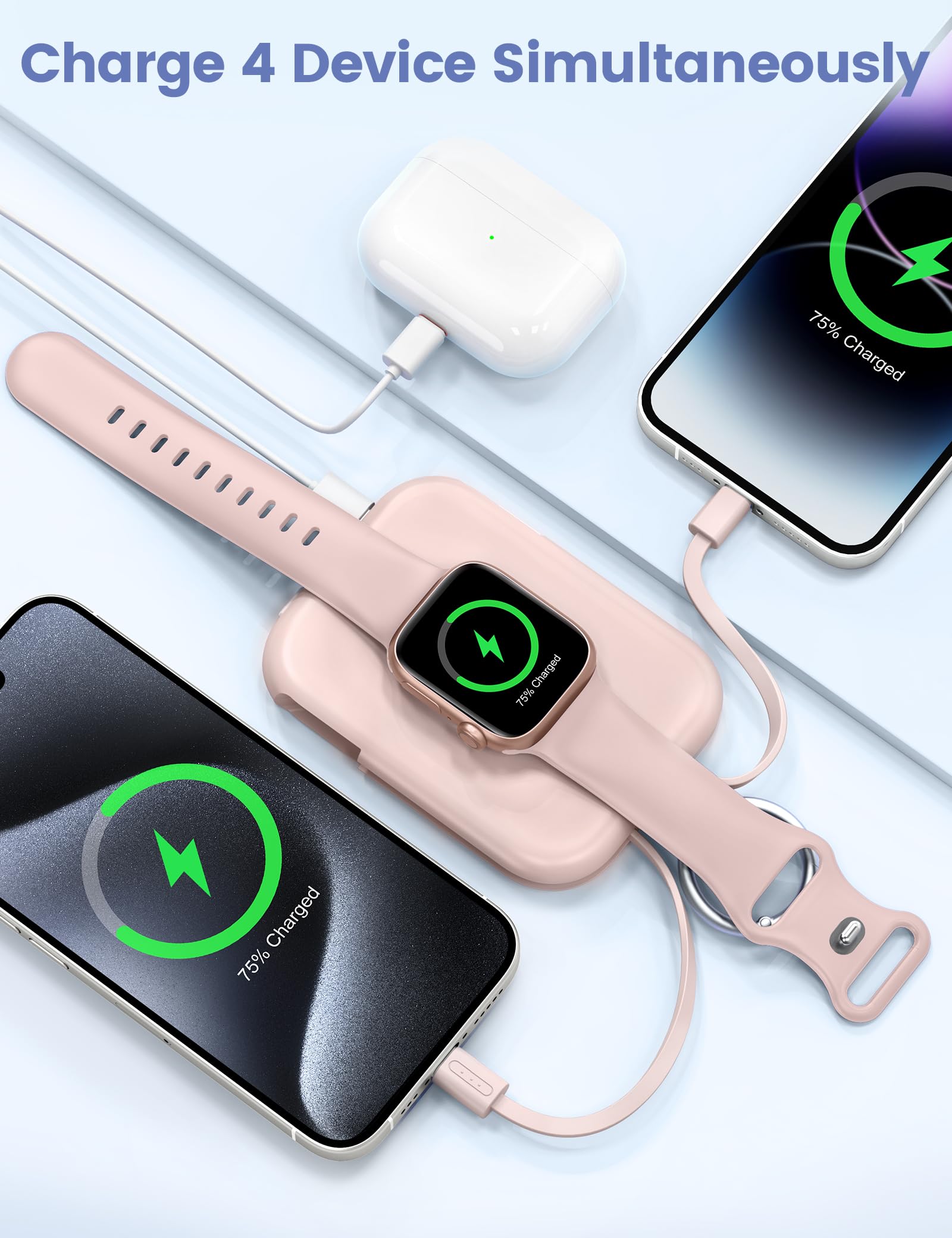 RORRY Portable Charger, 5000mAh Portable Charger Power Bank with Built-in Cables, Travel Keychain Battery Pack for Apple Watch Ultra 2/10/9/8/Ultra/7/6/SE/5, iPhone 16/15/14/13/12, Pink