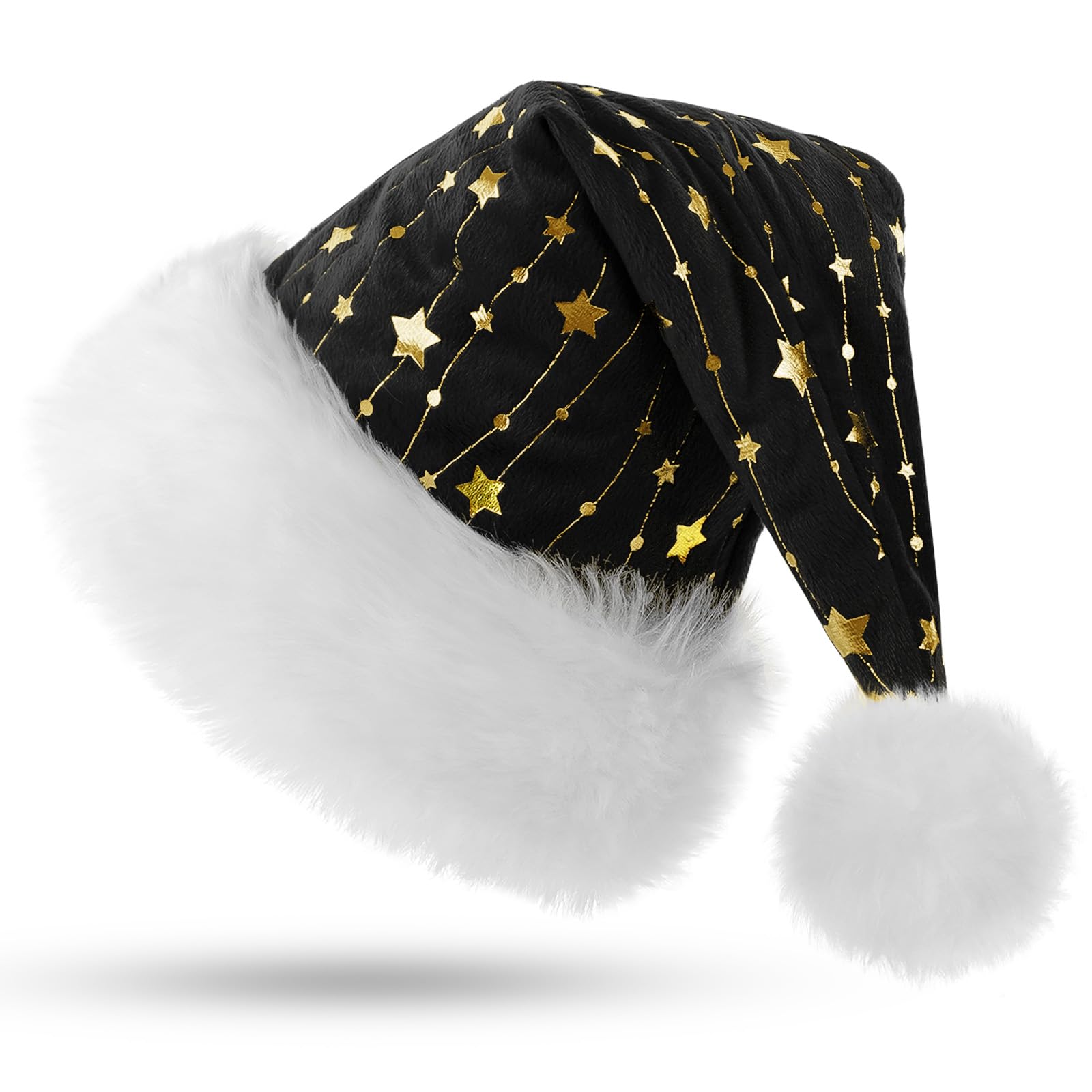 KONVINIT Black Santa Hat for Adults,Fluffy Christmas Hat with Gold Stars,Warm Large Xmas Hat for Men and Women,black — image 1