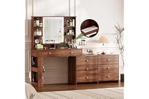 YYJ 74.8''Makeup Vanity Desk with Large Mirror and Lights&Charging Station,Modern Corner Vanity Table with Shelves,Makeup Table for Bedroom,Walnut，HT