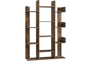 VASAGLE Bookshelf, Tree-Shaped Bookcase with 13 Storage Shelves, Rounded Corners, 9.8”D x 33.9”W x 55.1”H, Rustic Brown ULBC67BXV1