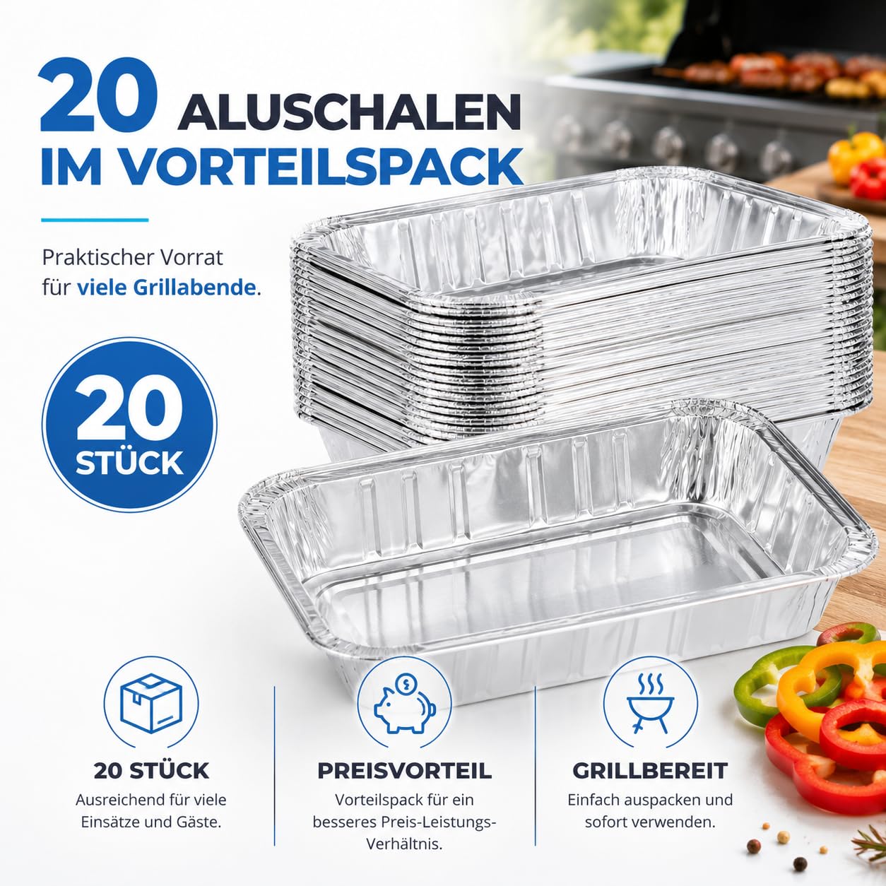 TK Gruppe Timo Klingler 20er Einwegschale 1200 ml aus Aluminium zum Grillen - Aluschale ca. 19x15x4 cm Grillschale - Fettauffangschale Gasgrill 4