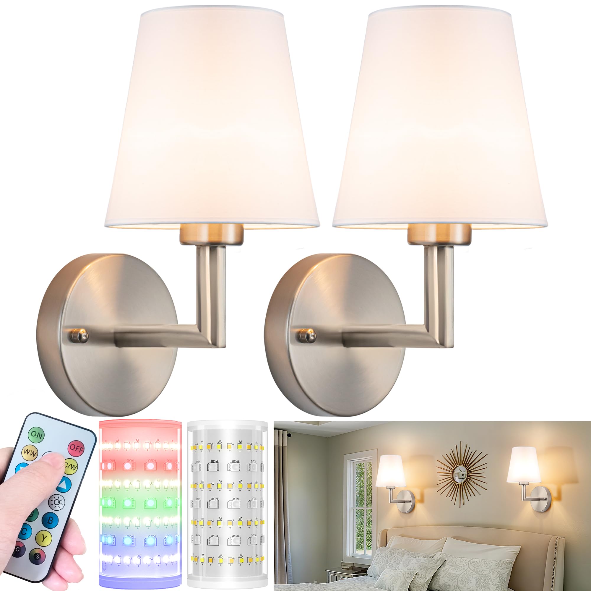 Photo 1 of Nekhung Battery Operated Wall Sconces Set of 2, Wireless Wall Light with 10000mAh RGB Dimmable Magnetic Bulb, Rechargeable Wall Sconce with Remote Control for Bedroom Living Room