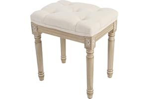 Yusong Vanity Stool Upholstered Bench Seat for Makeup Room, Vintage Small Bedroom Bench Dining Bench with Tufted Fabric for Living Room, Piano Stool with Rustic Wood, Easy Assemble,Beige