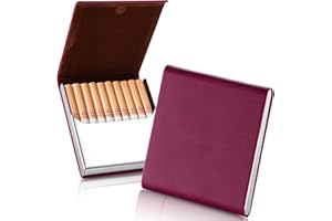 ZHOMA Portable Slim Leather Cigarette Case with Magnetic, One-Hand Operate Cigarette Carrying Box for Hold 10 Regular Size Cigarettes, Ultra-Thin Metal Cigarette Pocket for Men and Women -Wine Red
