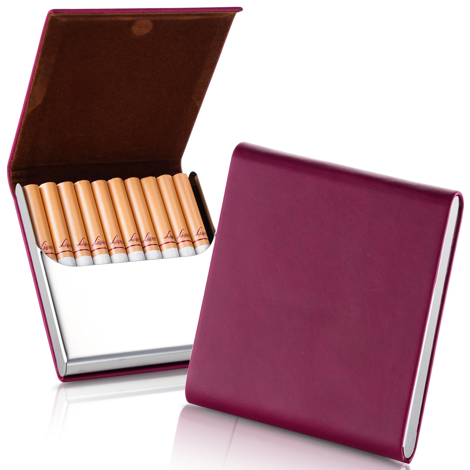Photo 1 of ZHOMA Portable Slim Leather Cigarette Case with Magnetic, One-Hand Operate Cigarette Carrying Box for Hold 10 Regular Size Cigarettes, Ultra-Thin Metal Cigarette Pocket for Men and Women -Wine Red