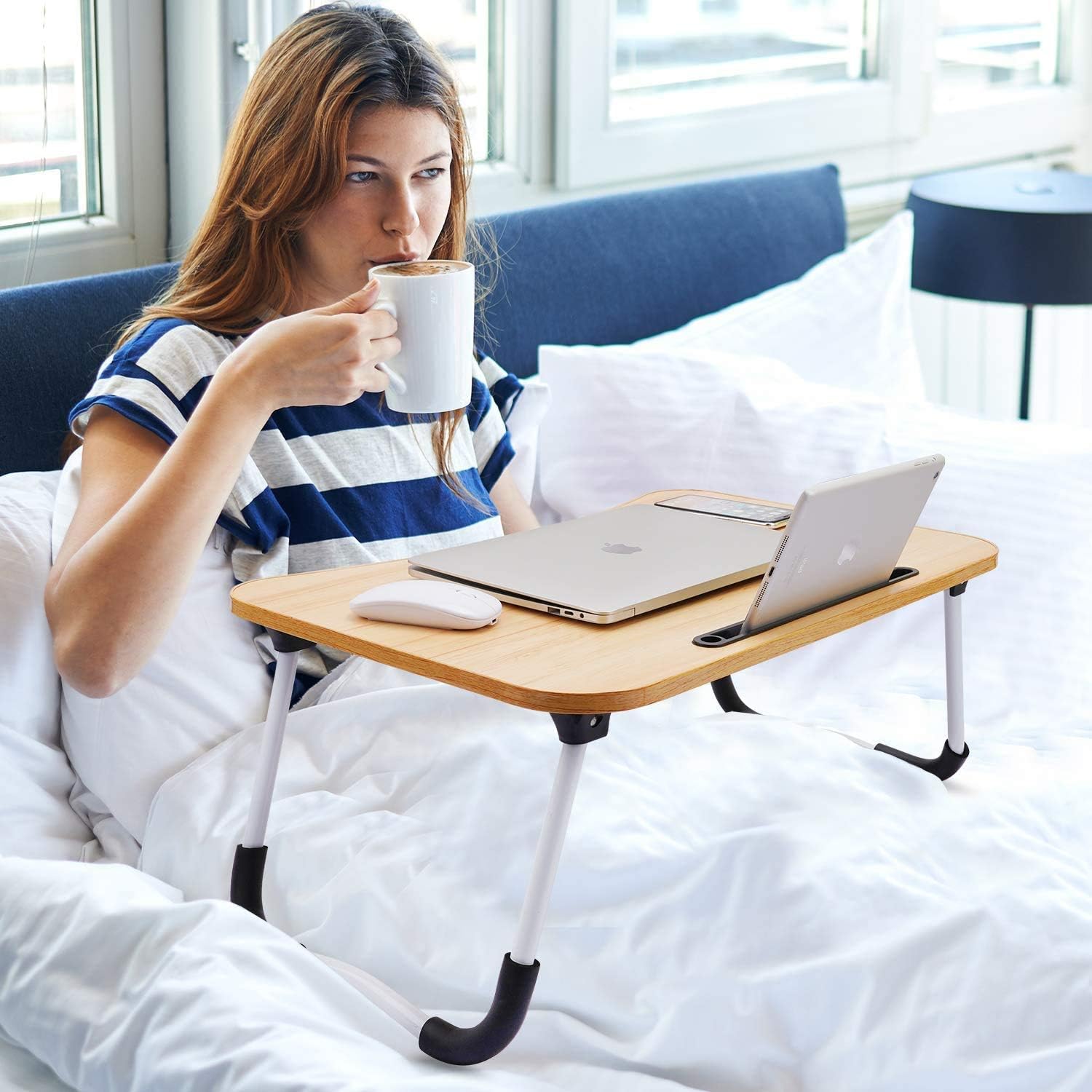 Foldable Laptop Bed Table Lap Desk Stand, Serving Tray Dining Table with Slot, Notebook Stand Holder, Bed Tray Laptop Desk for Eating Breakfast, Working, Watching Movie on Bed/Couch/Sofa/Floor : Office Products