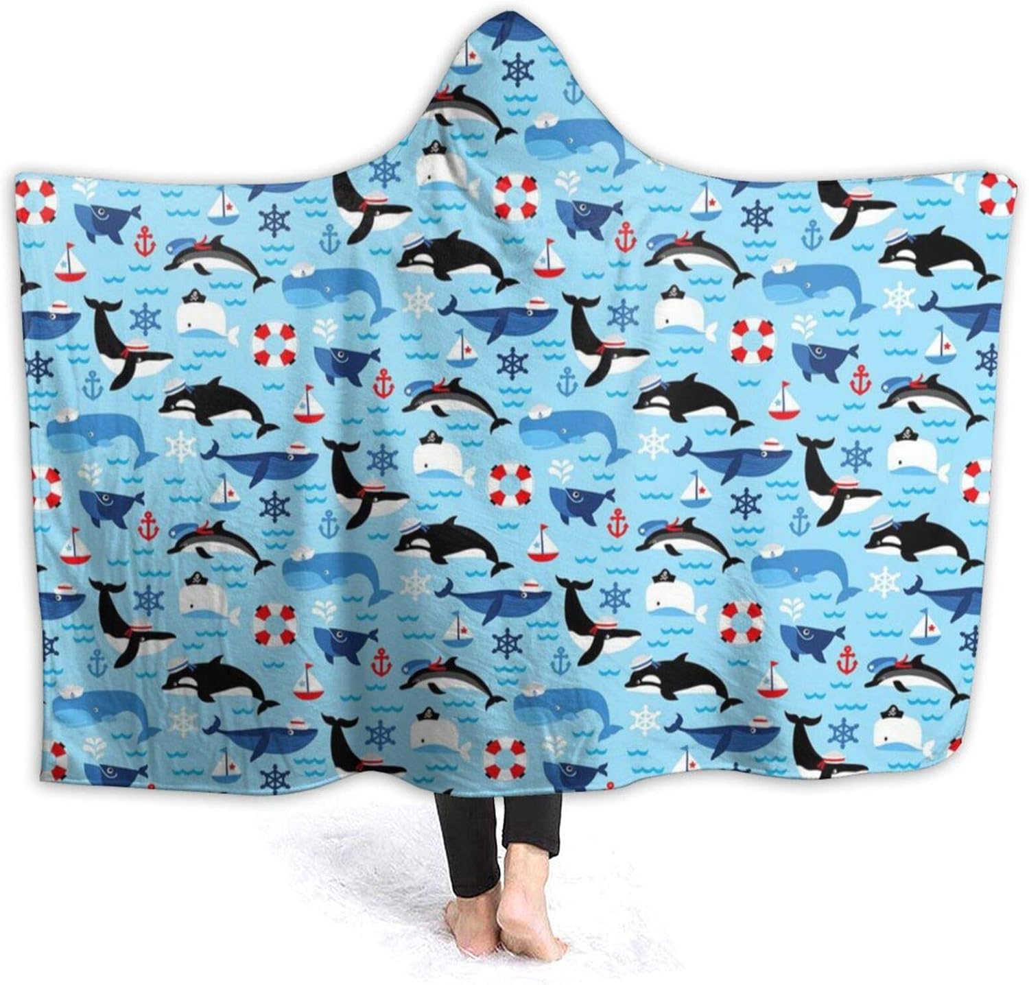 Hooded Blanket, Nautical Sea Life Orca Whales Hooded Blanket for Adult Sherpa Fleece
