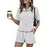 FULFIDREAM 2 Piece Sets for Women Summer Knit Short Sets Striped Button Up Shirt and Shorts Lounge Casual Travel Outfit