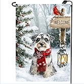 Hello Winter Schnauzer Dog Garden Flags 12x18 Double Sided, Small Burlap Holiday Snow Cardinal Garden Flag Winter Xmas Outdoor Yard Decorations Porch Lawn Flags for Outside
