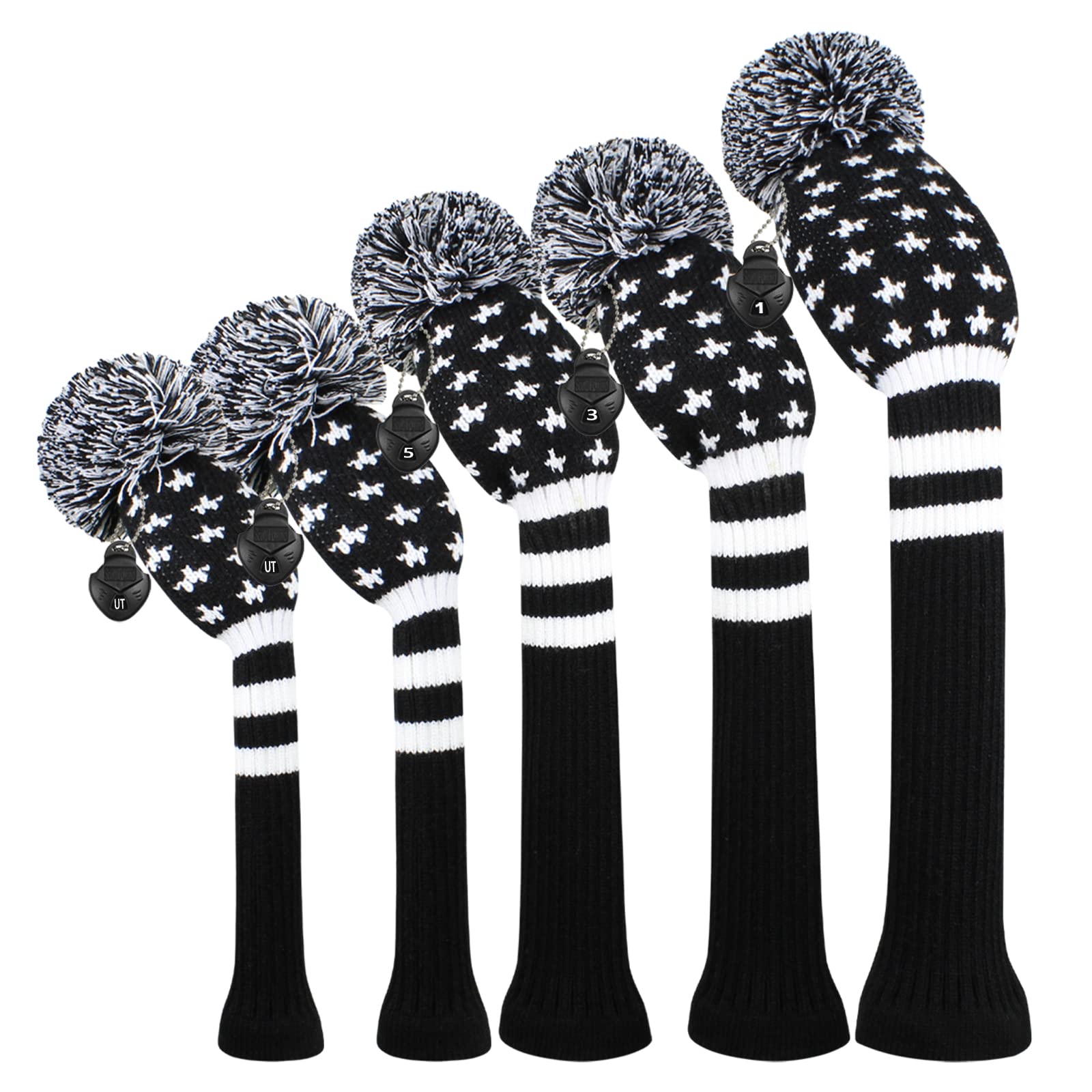 Golf Head Covers for Woods 5 PCS Knit Golf Club Cover Driver Cover*1 Fairway Wood*2 Hybrid (UT)*2 with 5 Rotating Number Tags (Black Starry)
