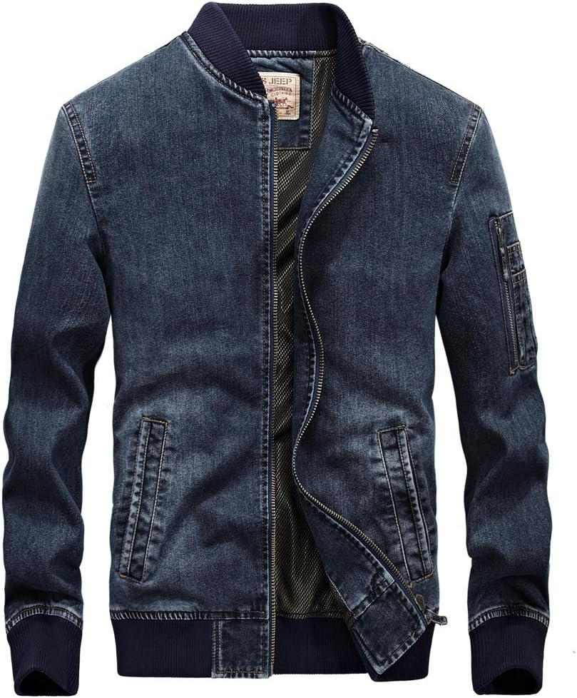 JYG Men's Zip-Front Denim Bomber Jacket (US L, Dark Blue)