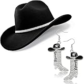 Aswitnove Cowboy Hat Rhinestone Cowgirl Boots Earrings Set Western Earring Felt Fedora Jazz Hat Rodeo Outfit for Women Size M