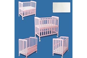Flwrgirl Mini Baby Crib Portable - Baby Cribs 4 in 1 Convertible with Mattress Included,6 Heights Cunas para Bebes,Beside Mini Crib with Slide Down Side,34x20x32,Pink