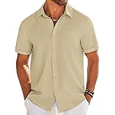 COOFANDY Mens Casual Linen Shirt Short Sleeve Button Down Shirt Summer Beach Shirts with Pocket Light Khaki