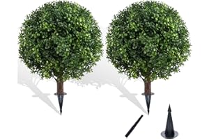 Chillchard Set of 2 Artificial Boxwood Ball Trees for Outdoor with Spike, UV Resistant Faux Topiary Ball, Fake Plants Greenery Round Shrubs Bushes for Entryway Front Porch Decor