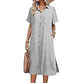 HOTOUCH Womens Dress Summer Casual Midi Short Sleeve Button Down Shirt Dresses Loose Beach Cover Up with Pockets