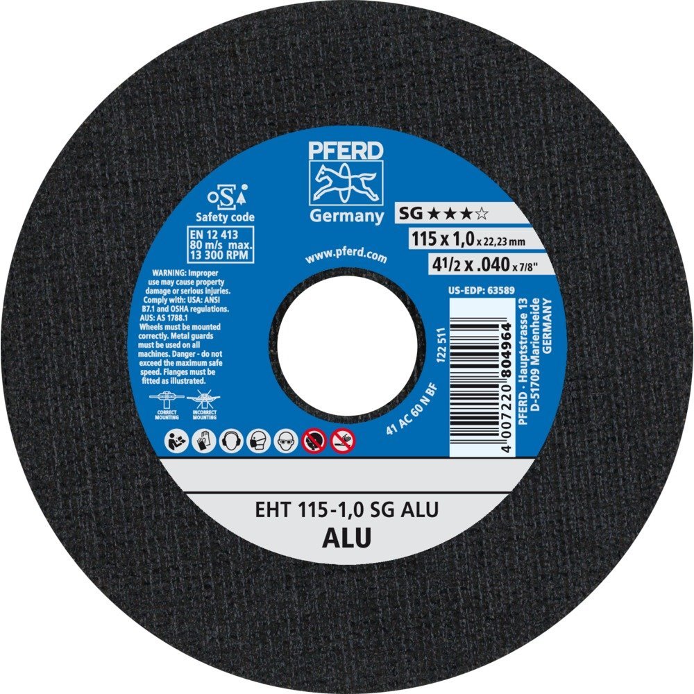 Pferd 61340415 A30NSG Cut-Off Wheel for Aluminium, 0 V, Multi-Colour, 115 x 1.0 mm