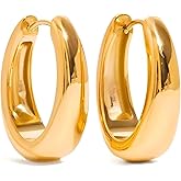 WARIDAR 18K Gold Plated 16*13, 20*15, 22*17, 26 * 19mm Minimalist Chunky Oval Hoop Huggie Earrings | Hypoallergenic Classic Hinged Snap Back Compact Hoops | Ingenious Design Appropriate Size Earrings for Ladies Daily Wear & Gift
