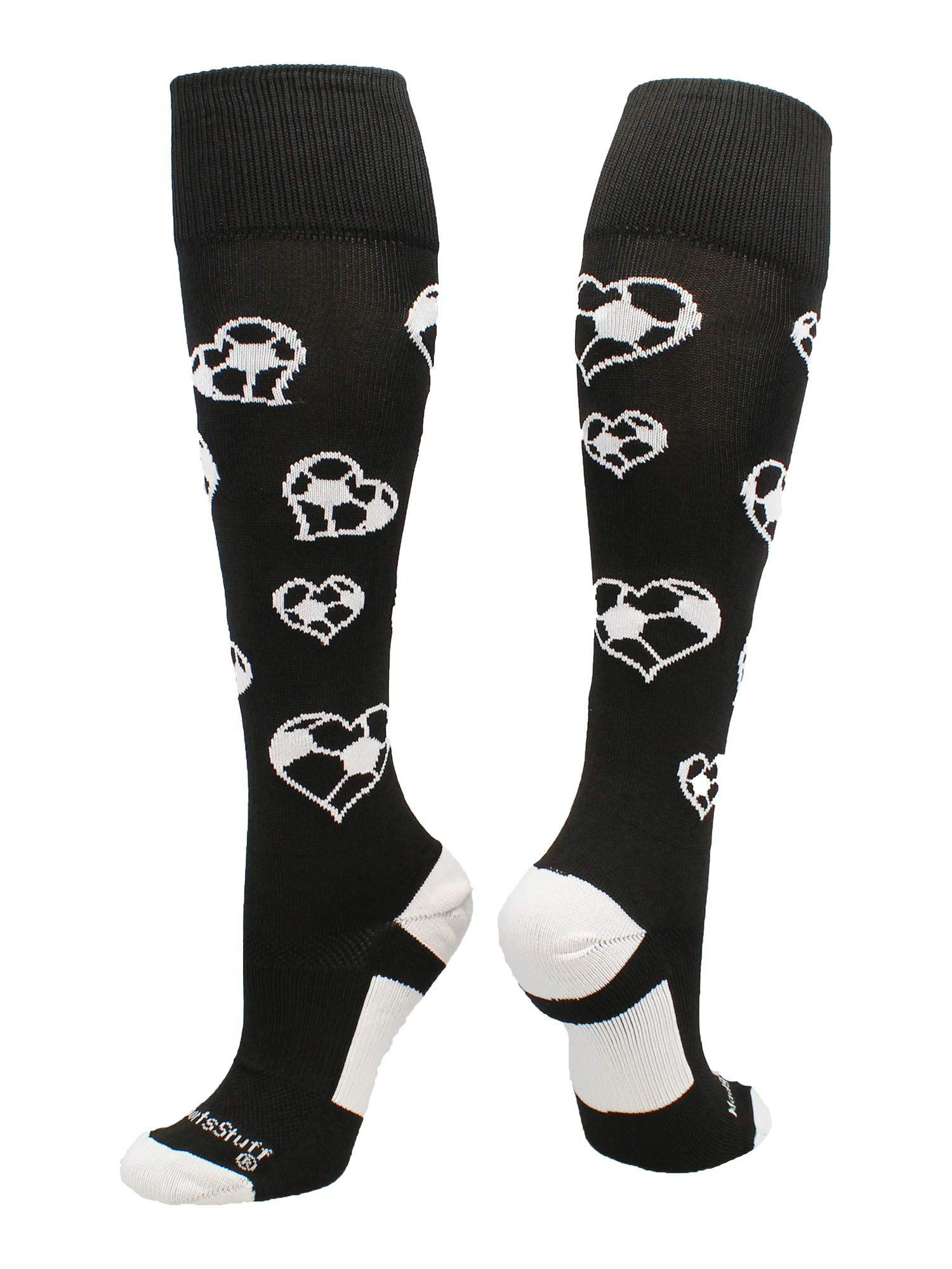 MadSportsStuff Love Soccer Hearts Calcetines sobre la pantorrilla (negro/blanco, mediano)