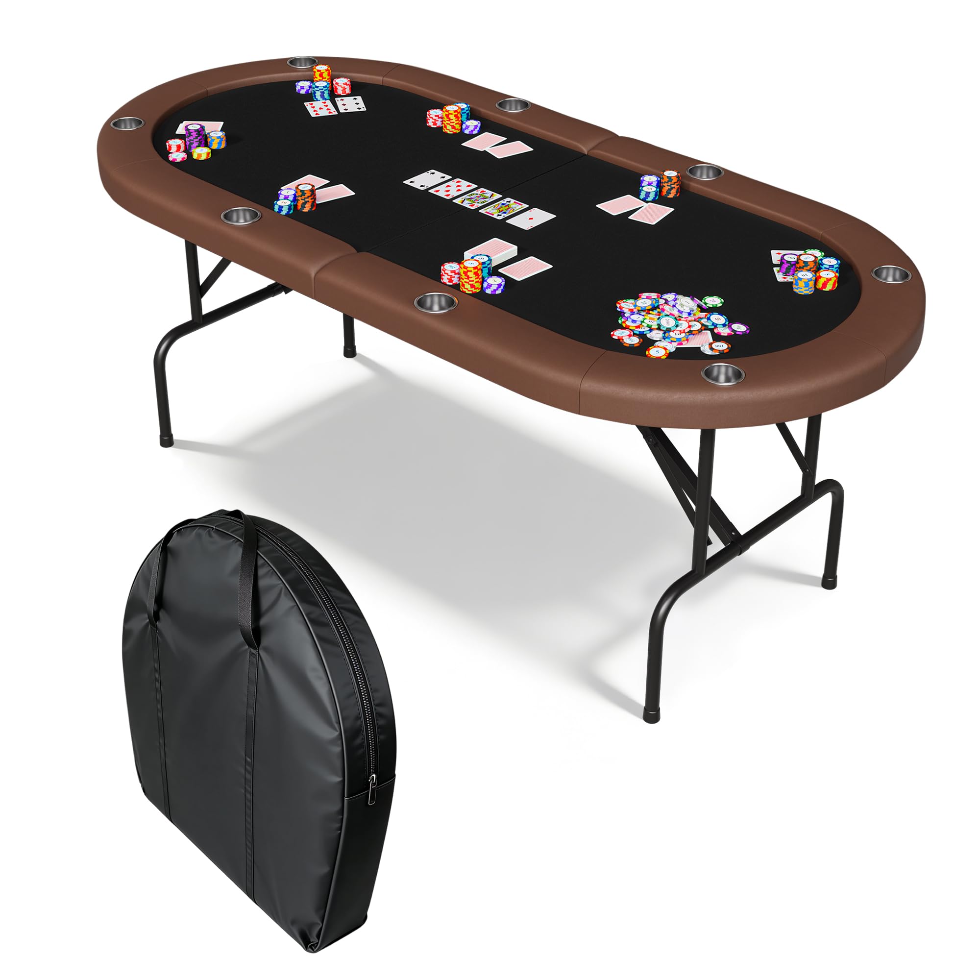 Photo 1 of Garvee 8 Player Oval Poker Table Foldable, 72" Poker Game Tables with Storage Bag, Collapsible Legs, Padded Rails & Cup Holders, Portable Folding Game Table for Texas Holdem and Blackjack, Brown