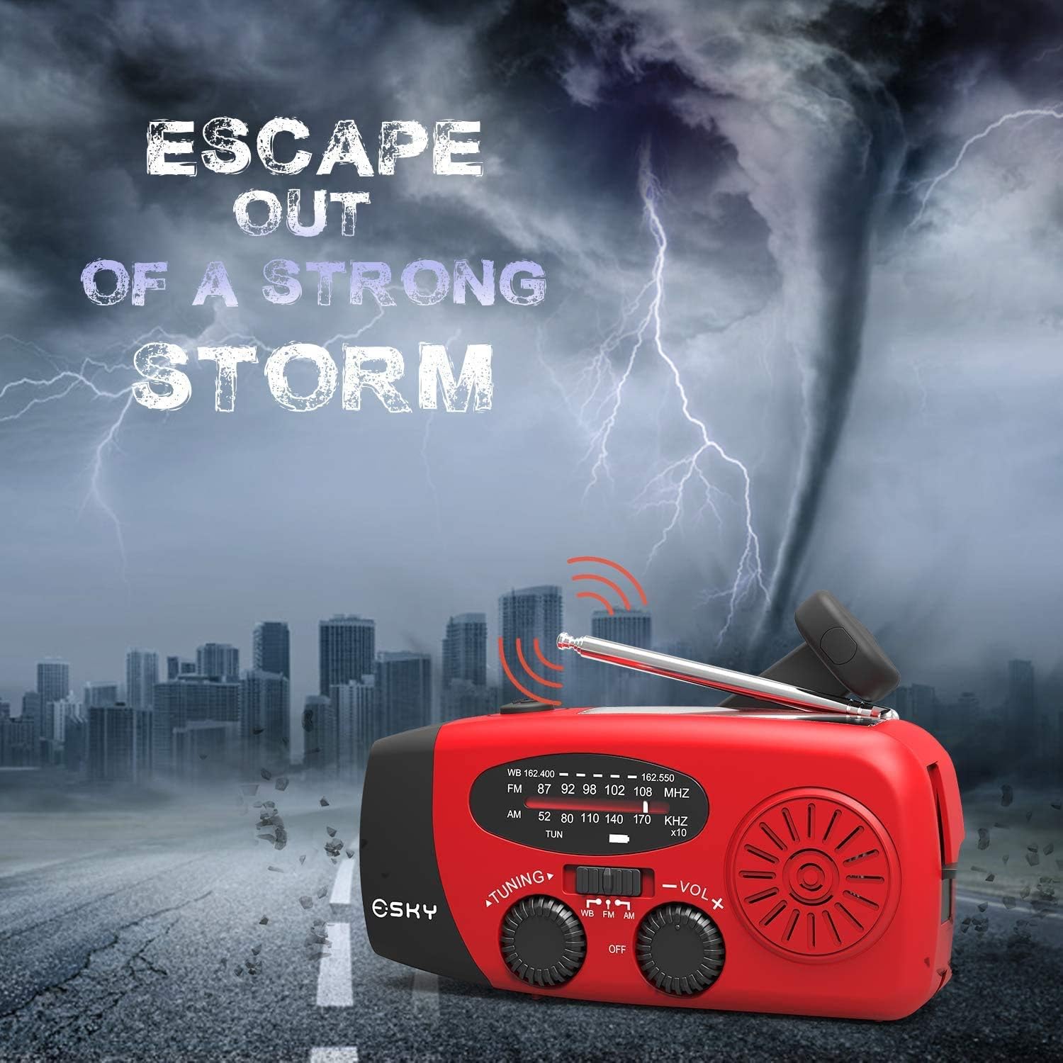[Upgraded Version]Emergency Radio, Esky 3W LED Flashlight Hand Crank Radio, Self Powered AM/FM NOAA Weather Radio, Portable Solar Radio 1000mAh Power Bank USB Charger for iPhone/Smart Phone (Red): Electronics