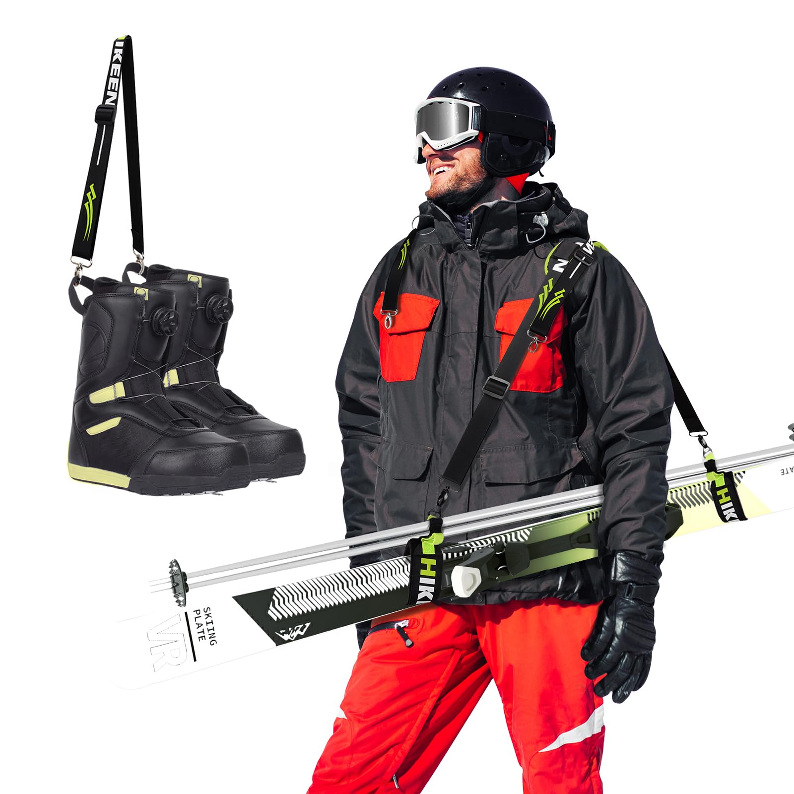 BOOSTEADY 1 Ski Srap & Pole Carrier for Both Poles and Boots with Adjustable Anti-Slip Shoulder Slings & Metal Buckle and Swivel Hook for Men Women Kids