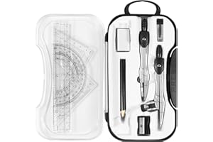 Unjoo Math Geometry Kit Sets 10 Piece Student Supplies with Shatterproof Storage Box,Includes Rulers,Protractor,Compass,Eraser,Pencil Sharpener,Lead Refills,Pencil,for Drafting and Drawings（Black）