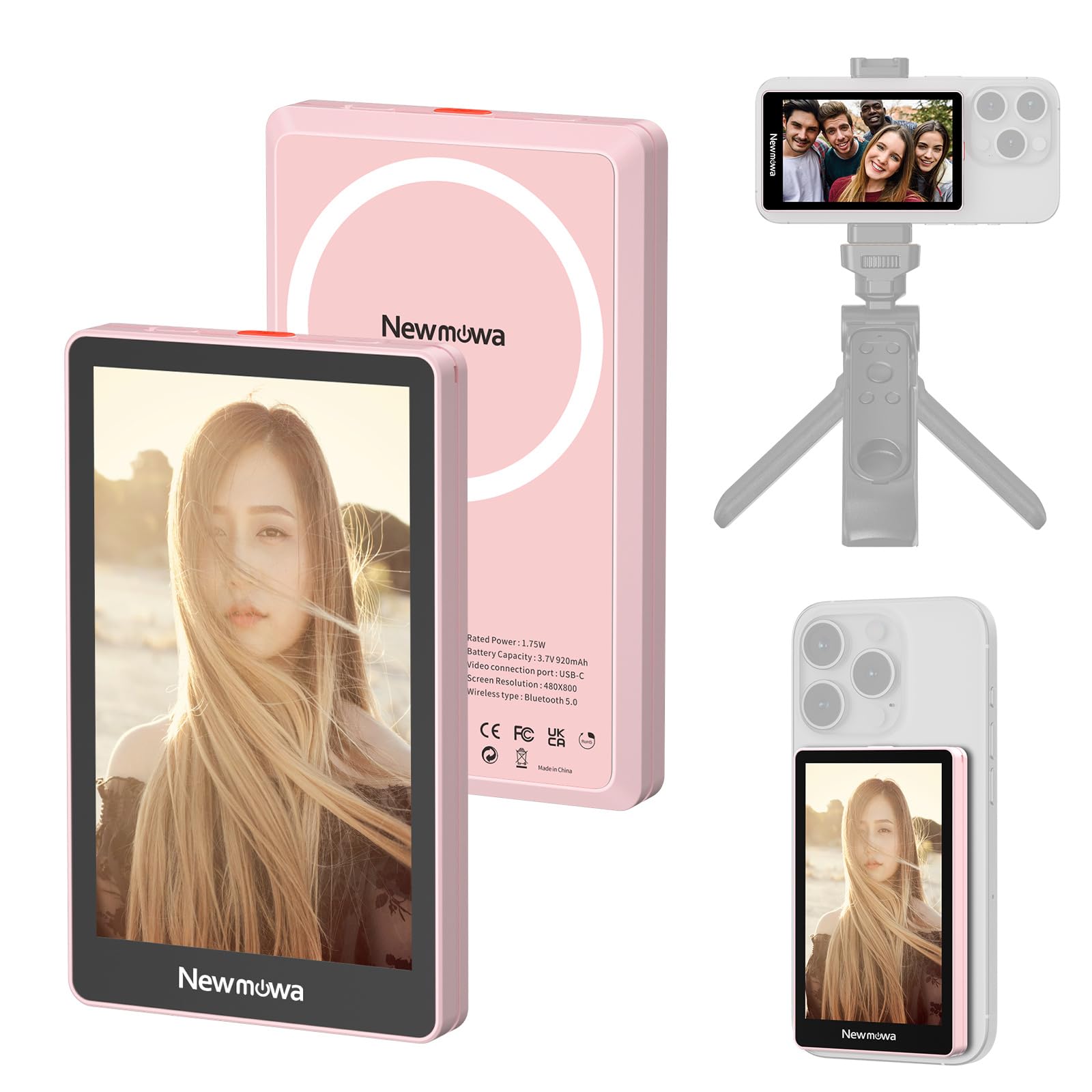 Photo 1 of (POWER TESTED) Newmowa Pink Magnetic Phone Vlog Selfie Monitor Screen, 1080P Wireless Recording, Using Phone Rear Camera for Selfie Vlog Live Stream TikTok, Compatible with iPhone(Support 4K 30fps Wired Recording)