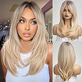 HAIRCUBE Ombre Blonde Wigs with Bangs,Shoulder Length Ash Blonde Wig for Women, Layered Wigs Dark Roots Synthetic Wigs for Daily Party 24IN