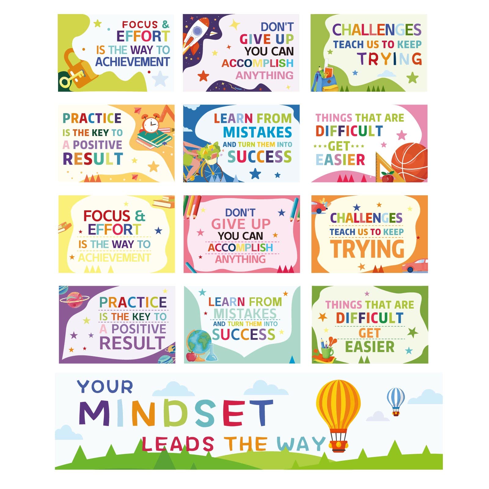 CREATCABIN 13Pcs Growth Mindset Classroom Decoration Banner Posters Sign Bulletin Board Hanging Wall Art Decor for Back to School Teacher Elementary Middle High School College Theme Colorful 39x10Inch