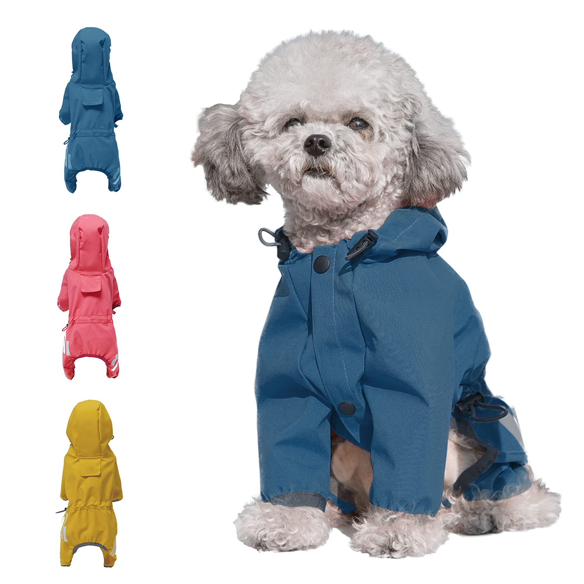 Cosibell Waterproof Puppy Dog Raincoats with Hood for Small Medium Dogs,Poncho with Reflective Strap, Lightweight Jacket with Leash Hole(L, Blue)