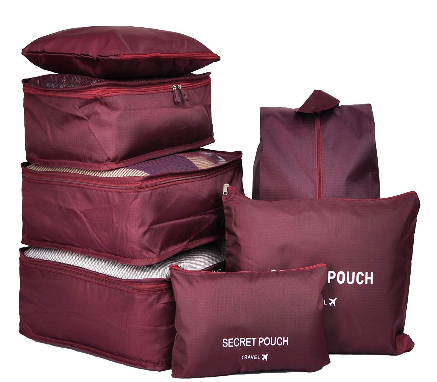 7PCS Luggage Organiser Set Compression Pouch Packing Cubes Travel Storage Bags Clothes Suitcase,Wine Red