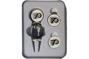 CaddyPro Philadelphia Flyers Golf Gift Set, Black and Gold Metal Divot Tool with Ball Markers in Small Tin Case, NHL Licensed