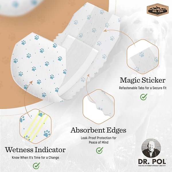 DR. POL MALE DOG DIAPERS – SUPER ABSORBENT, BREATHABLE, LEAK-PROOF WITH WETNESS INDICATOR, LARGE, 50 COUNT