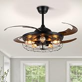 Siljoy 48'' Industrial Caged Ceiling Fans with Lights and Remote Control | 5-Light Farmhouse Black Retractable Chandelier with Fan, 6 Speeds, Reversible Fandelier for Living Room Dining Room Bedroom