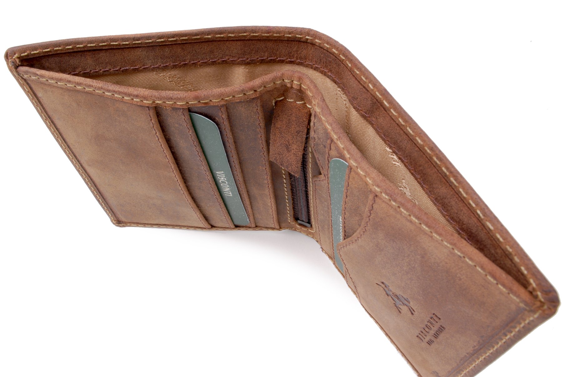 VISCONTI - Men's Small Bifold Leather Wallet - RFID Protected - 6 Credit Card Slots, Note Section & Coin Pocket - Gift Boxed - 705 Arrow - Oil Tan