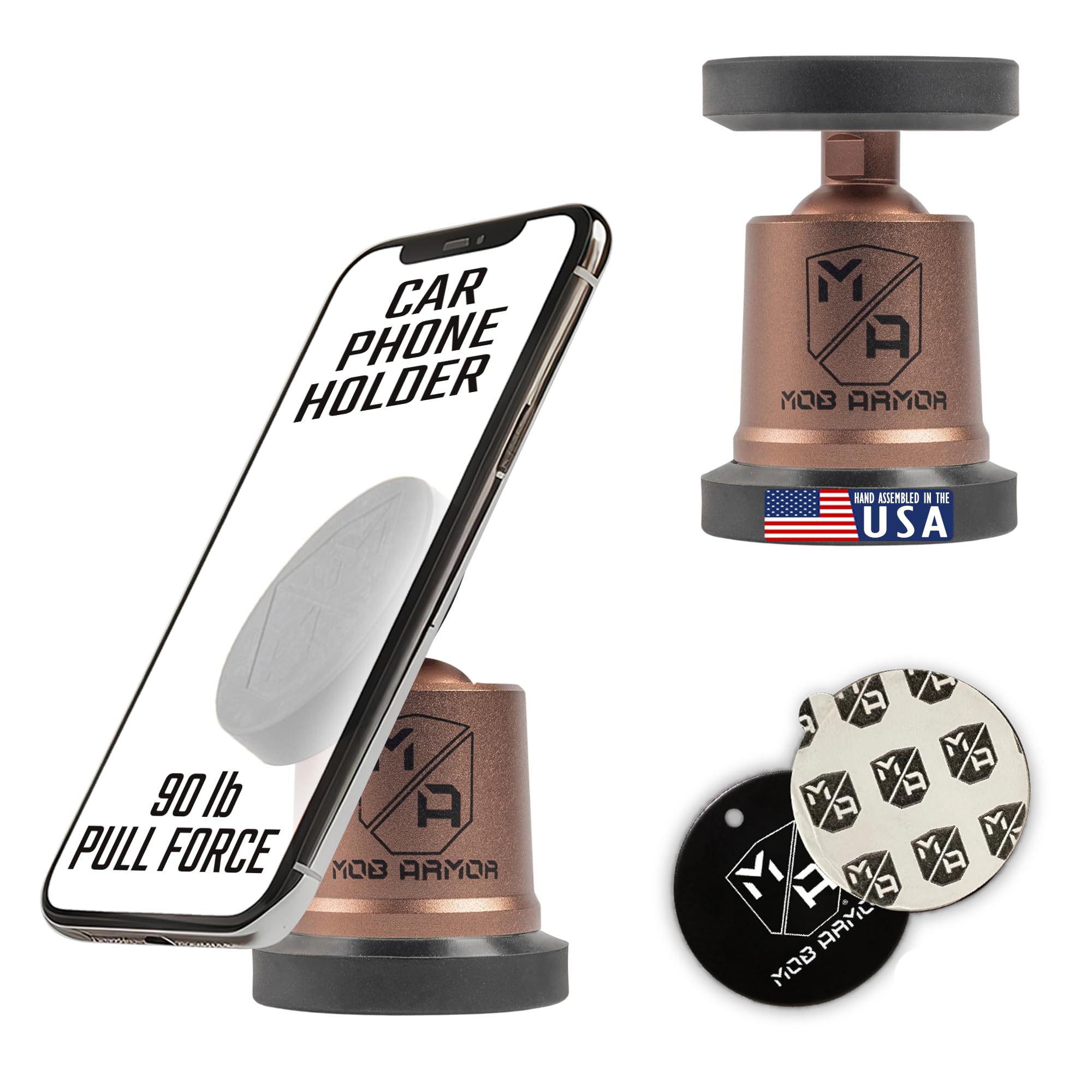 Mob Armor MobNetic Maxx - USA Assembled Magnetic Phone Holder for Car, Magnetic Car Phone Mount, 90-Degree Tilt, 360-Degree Rotation, Aluminum Metal, Compatible with iPhone & Android - Bronze