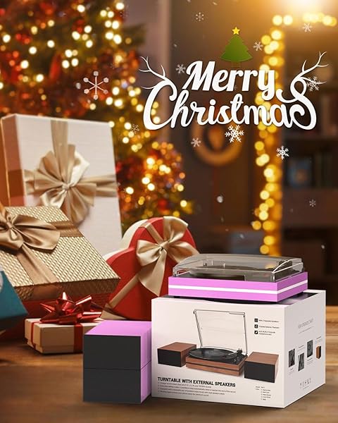 VINYL RECORD PLAYER WITH TWO EXTERNAL SPEAKERS BELT-DRIVE TURNTABLES FOR VINYLS RECORDS DUAL STEREO SPEAKERS LP PLAYERS 3 SPEED FULL SIZE WIRELESS AUX-IN HEADPHONE AUTO STOP PINK