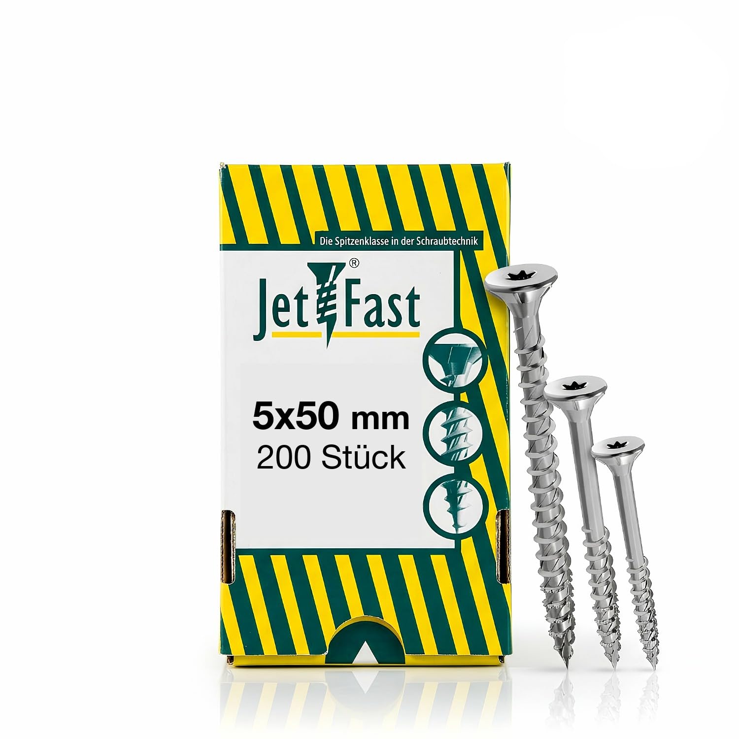 Jet-Fast Premium Universalschrauben 5,0 x 50 mm, 200 Stück, Duo-Senkkopf, Teilgewinde TX Antrieb, Blau verzinkt, Holzschrauben, Spanplattenschrauben, Cut-Spitze, German Quality