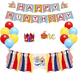 PRATYUS Circus Carnival Theme 1st Birthday Decorations Kit for Baby Shower Boys Girls Animals Party Supplies Favors With Colorful Burlap Highchair Banner, Cake Topper, Birthday Hat