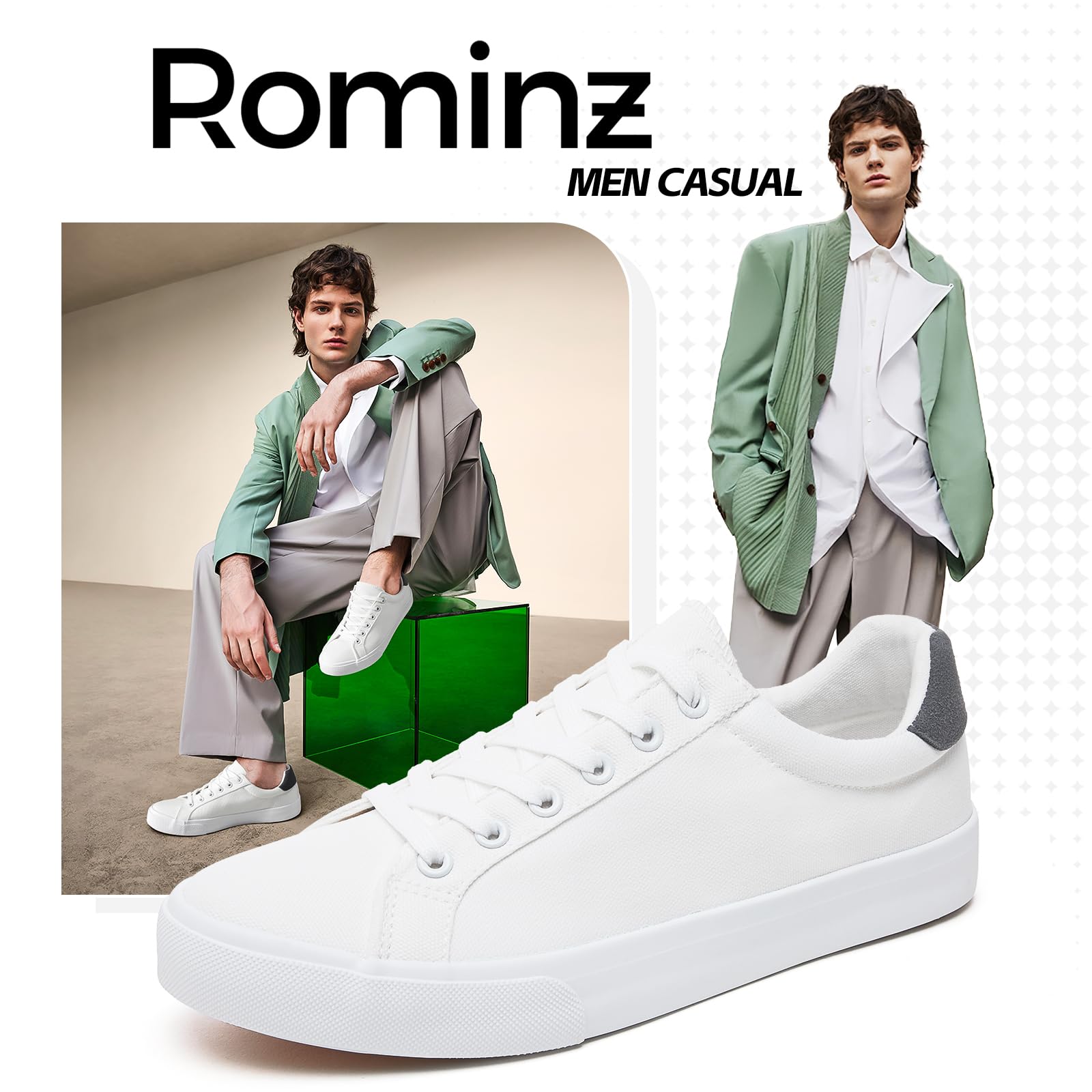 Rominz Mens White Canvas Shoes Fashion Low Top Canvas Sneakers Casual Tennis Shoes Lace-Up Walking Shoes for Men