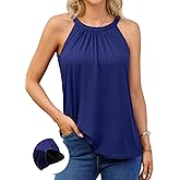 V FOR CITY Women's Halter Tank Top with Built in Bra Flowy Pleated Camisole Top Summer Sleevless Cami Shirt