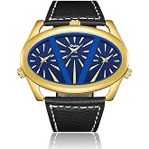 ShoppeWatch Big Face Watch for Men 60mm Oversize Oval Dial Multi Time Zone | Mens Large Face Watch Oversize Oval Case, Unique Multi Section Three Time Zones, Unusual Mens Dress Watch Black Leather Strap