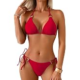 TASHEHE Women's Triangle Bikini Sets String Halter Two Piece Swimsuit Gold Metal Bathing Suit