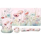 MOSISO Desk Mat Keyboard Mouse Pad Set, Large Gaming Mouse Pad&Keyboard Wrist Rest&Mousepad with Wrist Rest&Coaster, Ink Wildflower Ergonomic Non-Slip Cushion with Memory Foam for Home Office, Pink