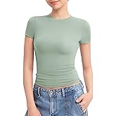 PUMIEY Women's Crew Neck Short Sleeve Tops Double Lined Slim Fit T Shirts Basic Tee Smoke Cloud Pro Collection