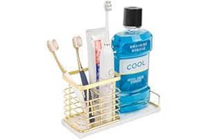 HarJue Toothbrush Holder, Luxurious Metal Toothbrush Toothpaste Holder with Marble Base for Bathroom, Multi-Slots Openwork Design, Bathroom Accessory for Storage and Organizer (Large, Gold)