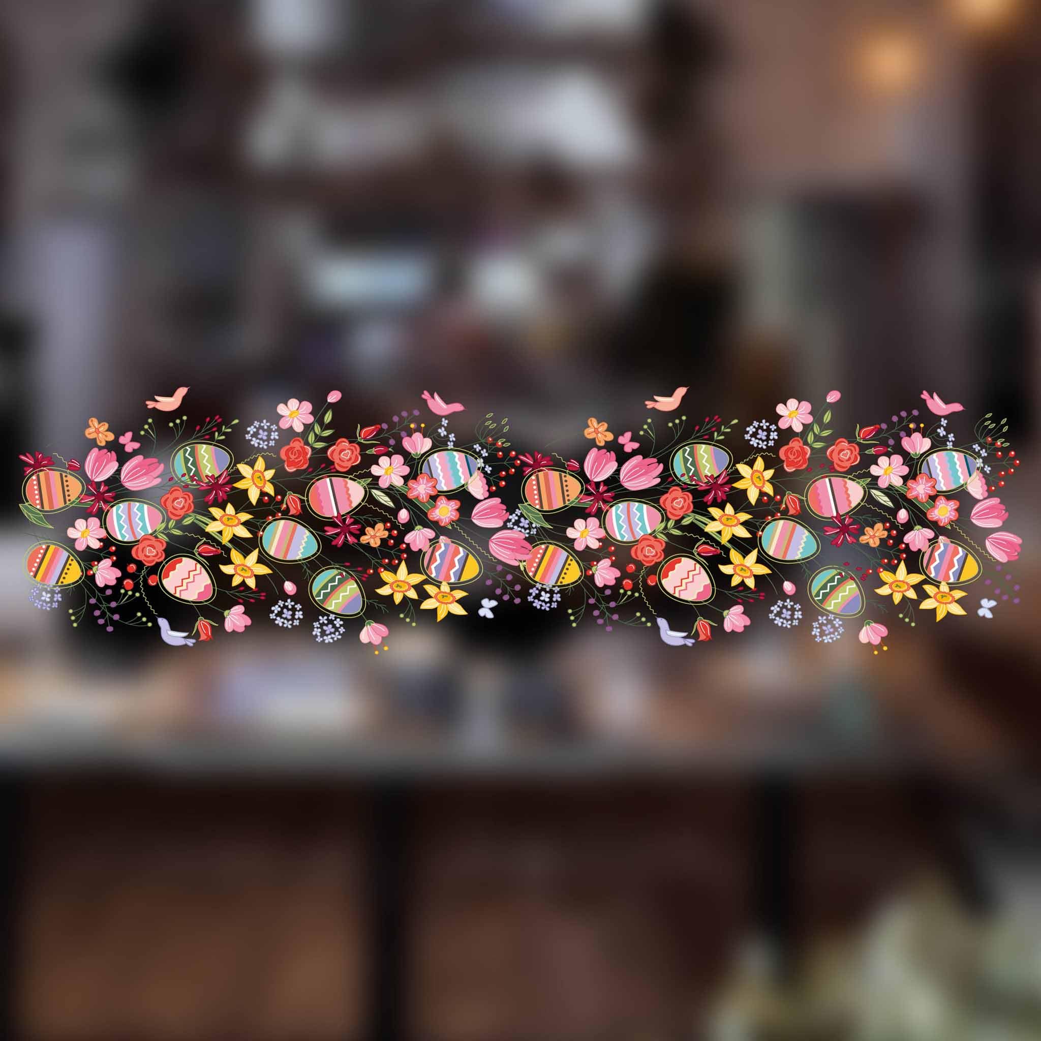Stickers4 Easter Decorations - Multi Coloured Easter Eggs & Flowers Window Border - Reusable Window Stickers for Glass Windows & Doors